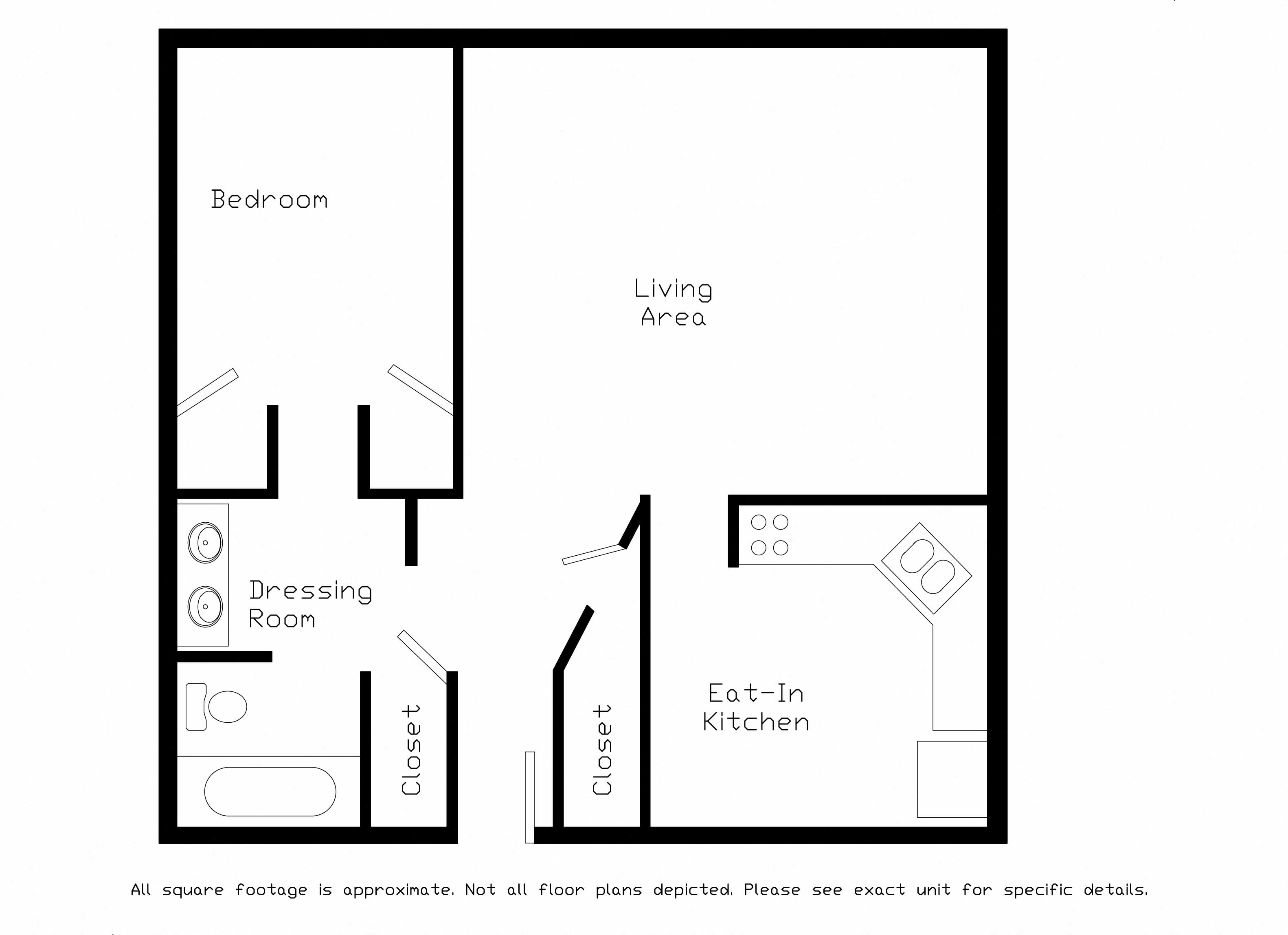 Floor plan for 1 bed, 1 bath, 800 sqft